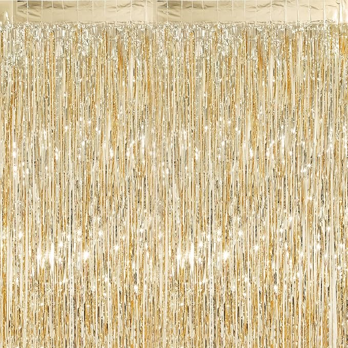 2 Pack Champagne Gold Foil Fringe Curtains Streamers Party Decorations 3.3 x 8.2 ft, Tinsel Curtain Fringe Backdrop for Parties, Door Fringe Birthday Streamers, Photo Booth Backdrops, Party Decor