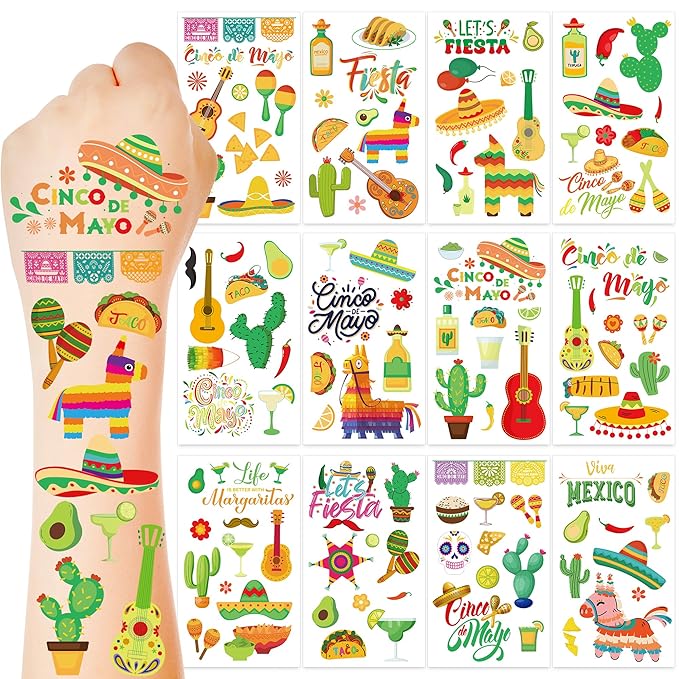 127 Pcs Cinco De Mayo Temporary Tattoos, 12 Sheets Metallic Fiesta Fake Tattoos for Cinco De Mayo Party Favors, Cactus Mexican Themed Tattoo for Mexican Fiesta Party Decorations Supplies Gifts Prize