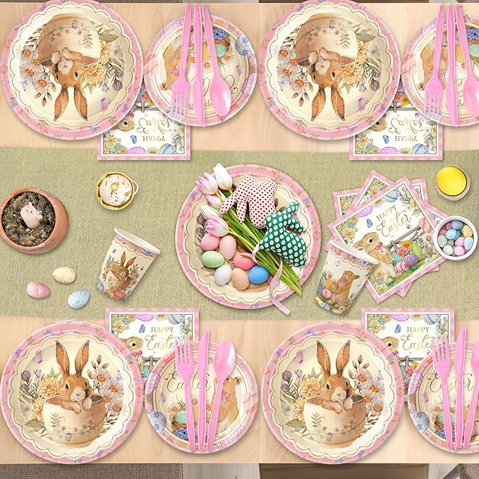 168PCS Happy Easter Party Supplies, Bunny and Eggs Paper Plates Napkins Cups and Cutlery, Easter Floral Disposable Tableware for Holiday Decor, Spring Wildflower Party Decorations