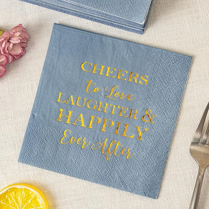 Crisky Dusty Blue Bridal Shower Napkins Disposable Cocktail Napkins Gold Foil Beverage Desert Cake Napkins Engagement Party Decorations & Wedding Shower, Rehearsal Dinners Napkins [50 pcs, 3-ply]