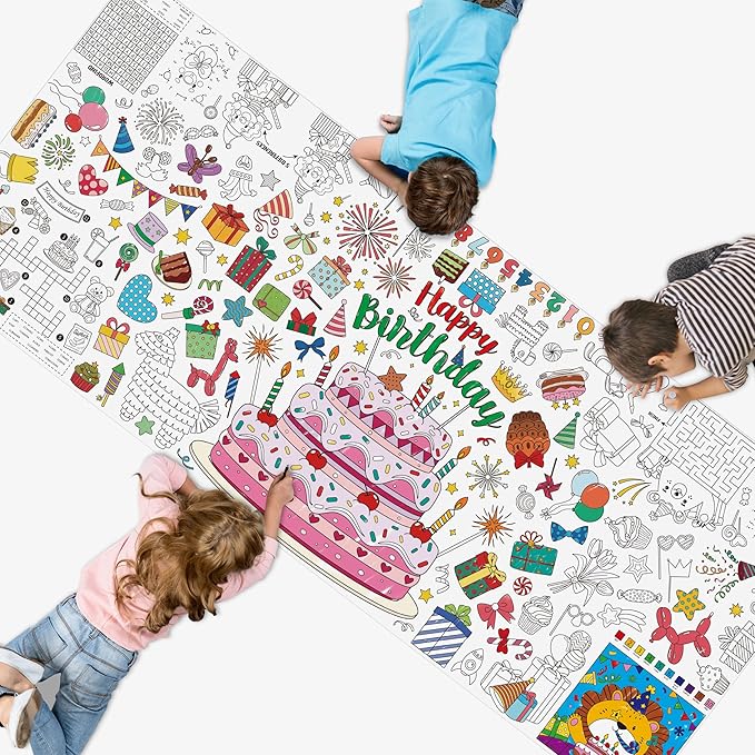 Birthday Coloring Poster, Large Coloring Activity Paper 75” x 31” Jumbo Size Versatile Paper DIY Painting Drawing Banner/Tablecloth for School, Birthday Parties, Wall Decor
