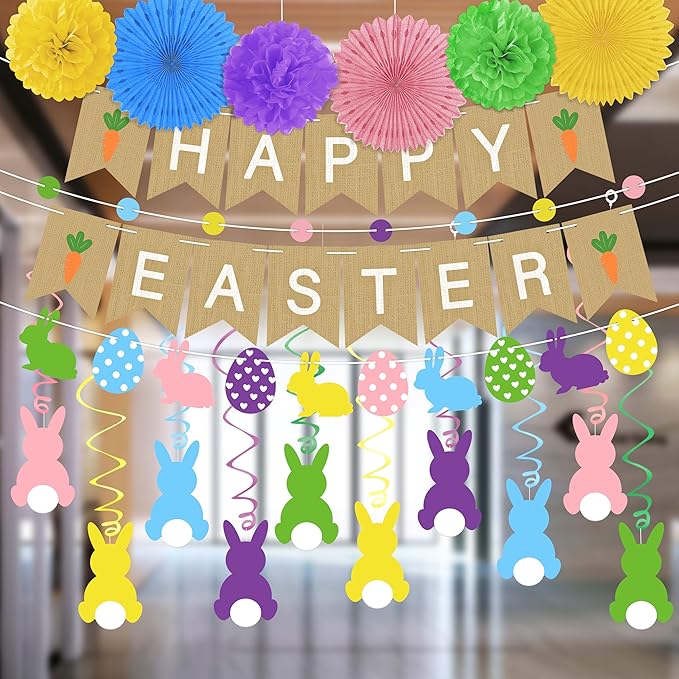 Easter Party Decorations Set for Home: Happy Easter Banner Bunny Hanging Swirls Yellow Purple Green Pom Pom Ornaments Spring Decor for Indoor Birthday Party Supplies