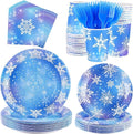 Kochorie 144 Pieces Frozen Party Supplies, Snowflake Tableware Sets Including Disposable Paper Plates Napkins Cups Forks Serves 24 for Winter Christmas Holiday Wonderland Birthday Party Decorations