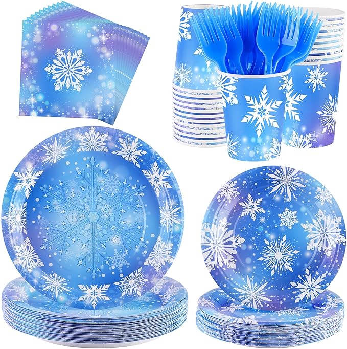 Kochorie 144 Pieces Frozen Party Supplies, Snowflake Tableware Sets Including Disposable Paper Plates Napkins Cups Forks Serves 24 for Winter Christmas Holiday Wonderland Birthday Party Decorations