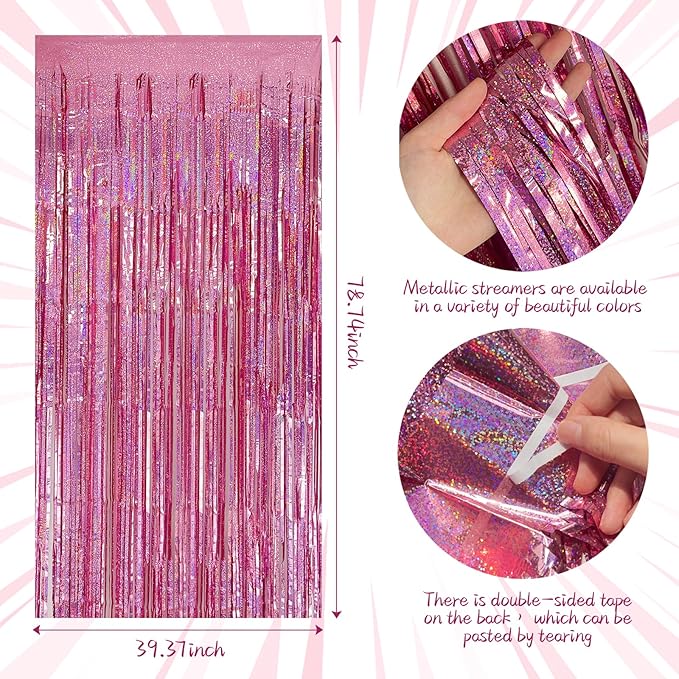 Tinsel Curtain Party Backdrop Pink Birthday Party Decorations 10 Packs Glitter Foil Fringe Curtain Party Decor Streamers Photo Booth for Birthday Christmas Wedding Halloween Graduation Decorations