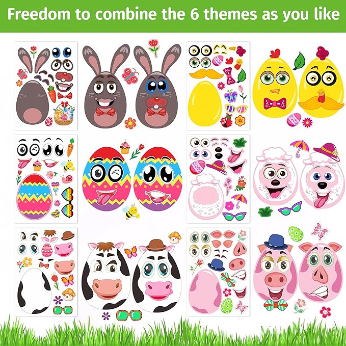 Easter Stickers for Kids, Easter Basket Stuffers Gifts for Kids, 24 Sheets DIY Happy Easter Make A Face Stickers Crafts with Eggs Themed Game Toys Classroom Activities Party Favor Supplies Decorations