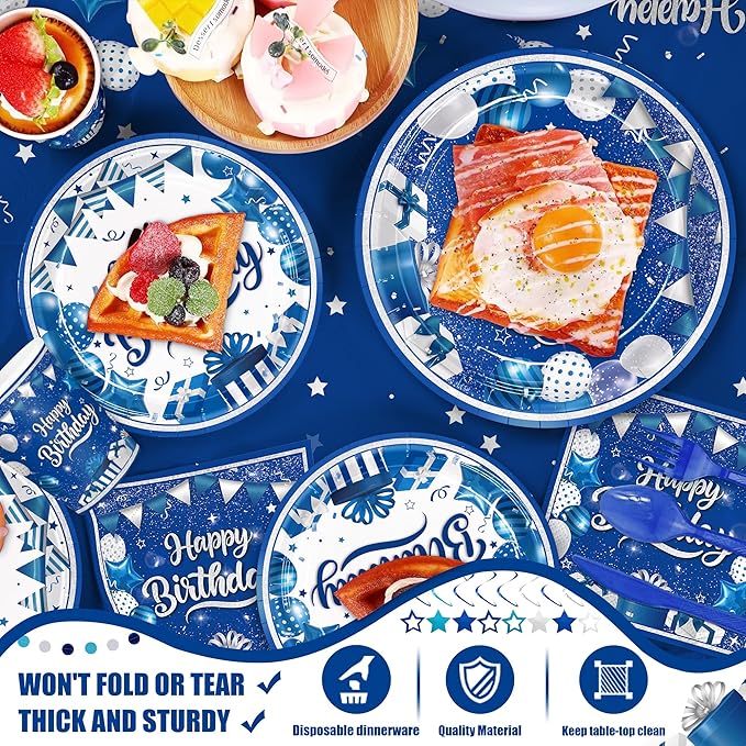 185pcs Happy Birthday Decorations Blue and Silver Plates Napkins Disposable Tableware Set Paper Cups Banner Tablecloth for Men Women Birthday Party Supplies Serves 24 Guests