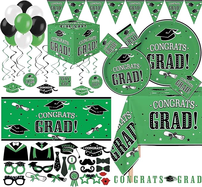 Serves 30 | Ultimate Party Pack | Congrats Grad Green Party Supplies | 9" Dinner Paper Plates | 7" Dessert Paper Plates | 9 oz Cups | 3 Ply Napkins | 2 Table Cover | 20 Photo Props | 12 Swirls | 30