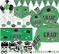 Serves 30 | Ultimate Party Pack | Congrats Grad Green Party Supplies | 9" Dinner Paper Plates | 7" Dessert Paper Plates | 9 oz Cups | 3 Ply Napkins | 2 Table Cover | 20 Photo Props | 12 Swirls | 30