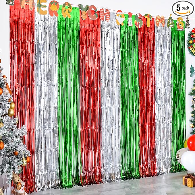 LOLStar 5 Pack Christmas Foil Fringe Curtains Decoration 3.3 X 6.6 ft Red Silver Green Tinsel Fringe Photo Backdrop Streamer for New Year, Ugly Sweater Party