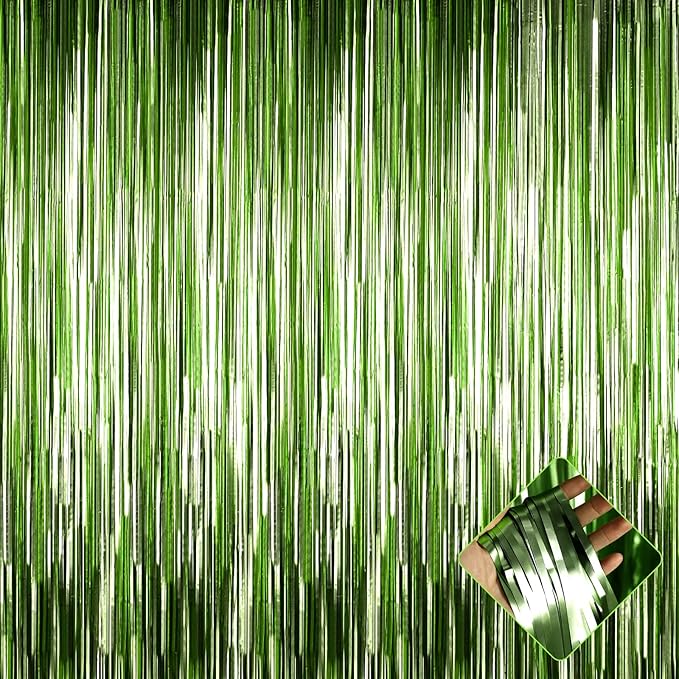 4 Pack 3.2Ft x 9.8Ft Light Green Foil Fringe Curtain Backdrop, Metallic Tinsel Foil Fringe Streamers Curtains for Party, Photo Booth Props, Birthday, Wedding, St Patrick Day Party Decoration