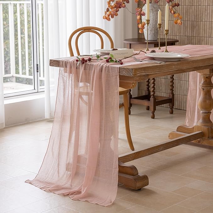 Keketoarrange Dusty Pink Easter Table Runner Cheesecloth Gauze Rustic 120 Inch 10 FT for Wedding Baby Shower Bridal Shower Birthday Engagement Garden Party Long Sheer Boho Spring Home Decorations