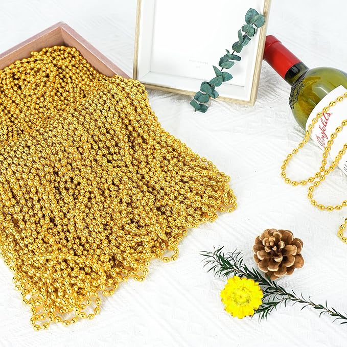 SHAOQINLIN 100 PCS Gold Bead Necklace, Gold Mardi Gras Christmas Oval Beads Necklaces 30.5" Metallic Beaded Costume Necklaces Party Necklaces for Mardi Gras Christmas Parade Throws Pirate Party Favors
