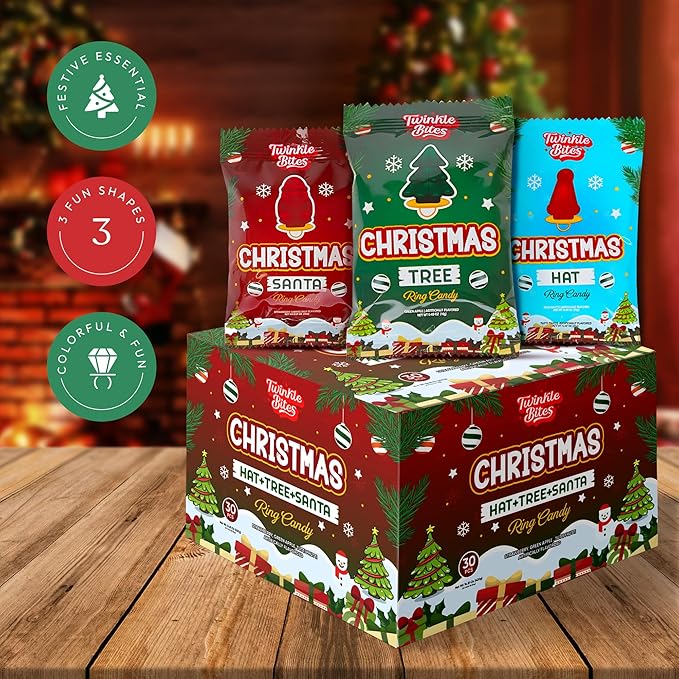 30 Pack Christmas Ring Candy – Individually Wrapped Holiday Themed Santa, Tree, Hat Lollipops – Strawberry, Green Apple, Tutti Frutti Delicious Flavors – Bulk Christmas Suckers Great Use, For Stocking Stuffers Kids Party Favor, Classrooms Partys, Goodi...