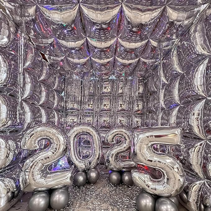 Silver Square Foil Balloons Wall, 25PCS Double Sided Metallic Chrome Silver Foil Square Balloon Backdrop Flat Tunnel Background for Birthdays Graduation Baby Shower New Year Eve Anniversary Engagement