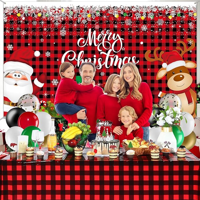 Christmas Party Decorations Set Includes Christmas Santa Claus Snowflakes Backdrop Table Covers Multi Color Balloons Foil Santa Claus and Deer Balloons for Xmas Party Supplies Favors (Plaid Style)