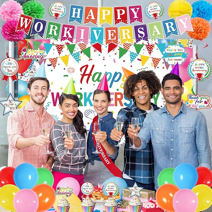 DARUNAXY Happy Workiversary Party Decorations for Men Women, Colorful Happy Work Anniversary Banner Cake Topper Hanging Swirl Confetti Balloons Decor Set for Employee Office Party Supplies(31PC)