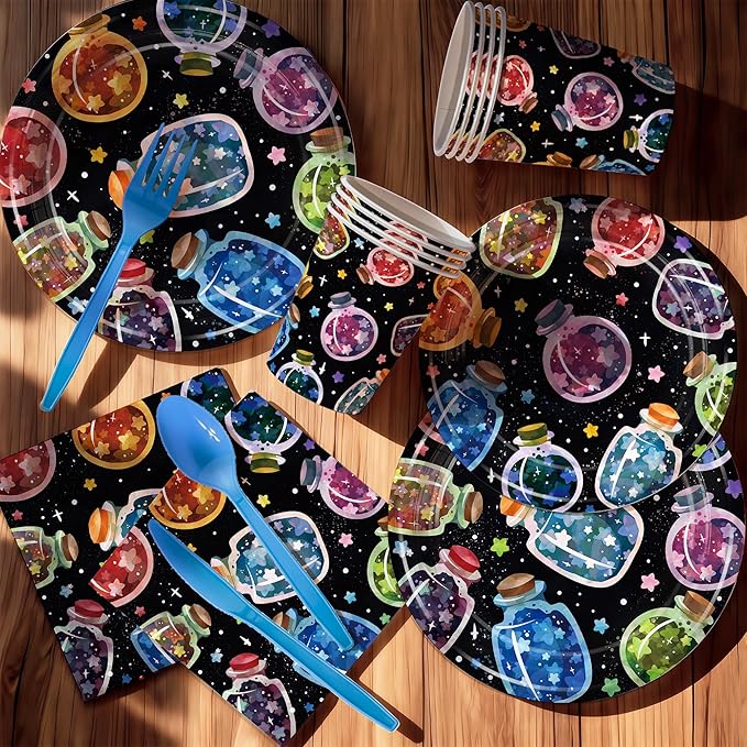168PCS Magic Bottle Party Supplies for Birthday Watercolor Wishing Bottle Jars Party Decorations with Star Drifting Vial Plates Cups Napkins Tableware for 24 Guests