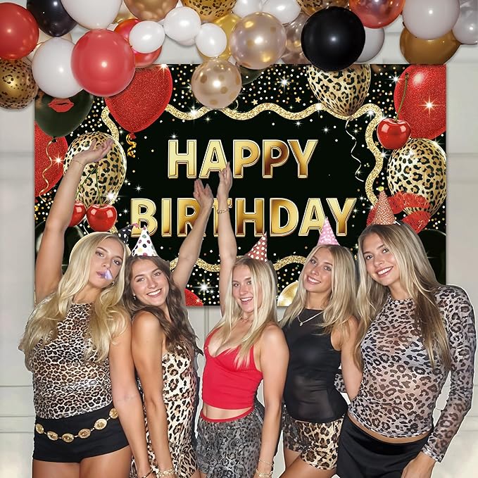 Leopard Happy Birthday Backdrop 5 x 3 Ft Cheetah Print Birthday Decorations Backdrop Banner with Cheetah Balloons Print, Red Leopard Party Decorations for Wall, Photography Background