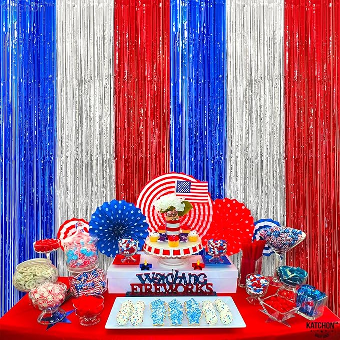 KatchOn, Red White and Blue Streamers - Xtralarge, 8x6.4 Feet, Pack of 2 | Red White And Blue Fringe Curtain for White Trash Party Decorations