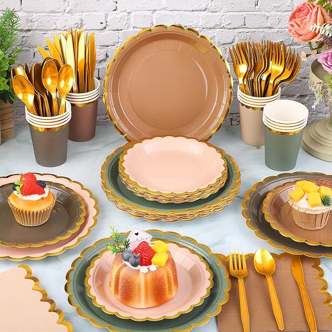 Kochorie 140 PCS Woodland Party Supplies for 20 Guests Disposable Dinnerware Set Includes Scalloped Plates Napkins Cup Cutlery Tableware Set for Birthday Party Wedding Baby Shower Picnic