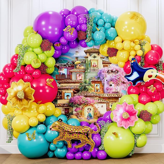 ALL-IN-1 Maribel Encanto Balloons Garland Decorations Arch Kit with BONUS Leopard for Encanto Birthday Party Supplies – Small and Large Purple, Teal, Yellow, Green, and Pink Balloons – Gold Butterfly