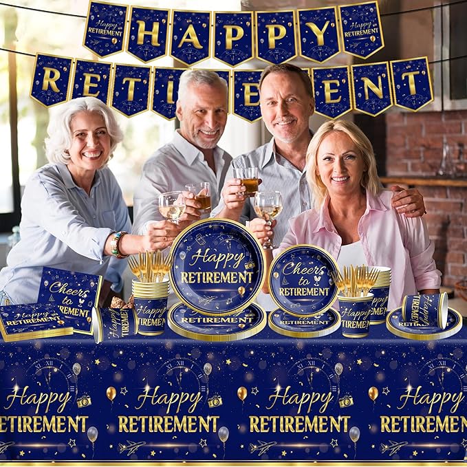 142Pcs Retirement Tableware Party Decorations Happy Retirement Party Supplies Blue Gold Plastic Disposable Banner,Cup,Tablecloth,Plates and Napkins Se