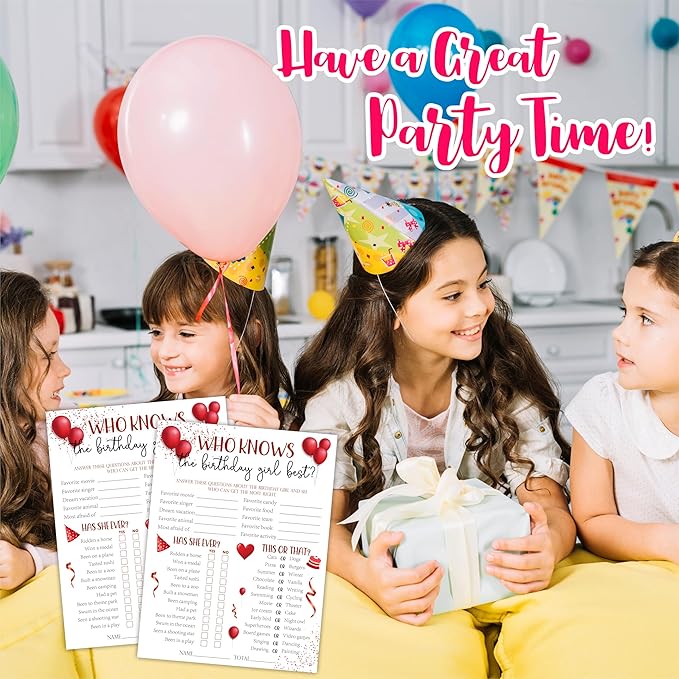 6"X8" Who Knows The Birthday Girl Best - Balloons & Confetti - Funny Double-Sided 3-in-1 Game Card Set For Girls Birthday Party, Sleepover Party Activities, Favor & Supplies (20 Pcs)- A05