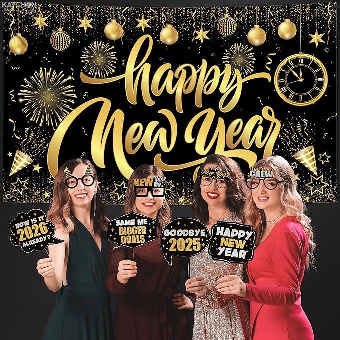 KatchOn, New Years Eve Party Supplies 2026 Set - Pack of 48 | Black and Gold Happy New Year Banner, New Year Photo Booth Props | 2026 Glasses for New Years Decorations | NYE Eve Decorations