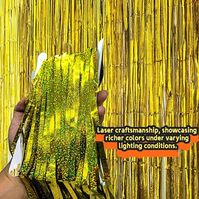 3 Pack Foil Curtain Backdrop 3.3x6.6 ft Tinsel Fringe Curtains for Parties Metallic Streamers Photo Booth Props,Wedding & Birthday,Holiday Decorations Disco,Bachelorette,Door Hanging Decor (Golden)