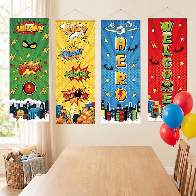 Panelee 4 Pcs Hero Theme Party Banners Hero Party Decorations City Comic Skyline Porch Sign Hanging Door Banner for Cityscape Birthday Backdrop Supplies