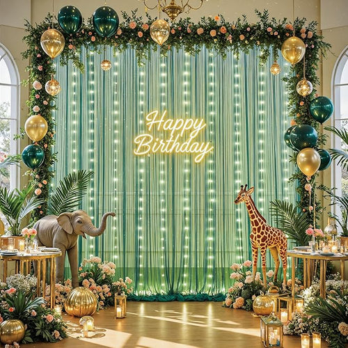 10ft x 10ft Hunter Green Tulle Photo Backdrop Curtain with Lights String for Christmas Party Sheer Curtain Backdrop Drapes for Birthday Party Holiday Wedding Photo Booth Background Room Decorations