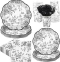 Kochorie 144 Pieces Black Floral Paper Plates and Napkins Party Supplies, Black and White Flower Tableware Set Include Vintage Scalloped Plates Napkins Cups Forks for Wedding Birthday Tea Party