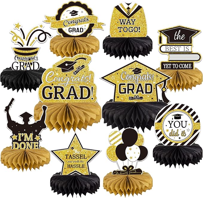 10PCS Graduation Decorations Class of 2025 Centerpieces, Congrats Grad Honeycomb Table Toppers for Graduation Party Favors, 2026 Graduation Party Decorations (10PCS, GlitterGold & Black)