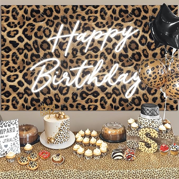 Happy Birthday Backdrop Leopard Print, 5 x 3 Ft Cheetah Print Birthday Decorations Backdrop Banner for Women Girl, Cheetah Leopard Party Decorations for Wall, Photography Background
