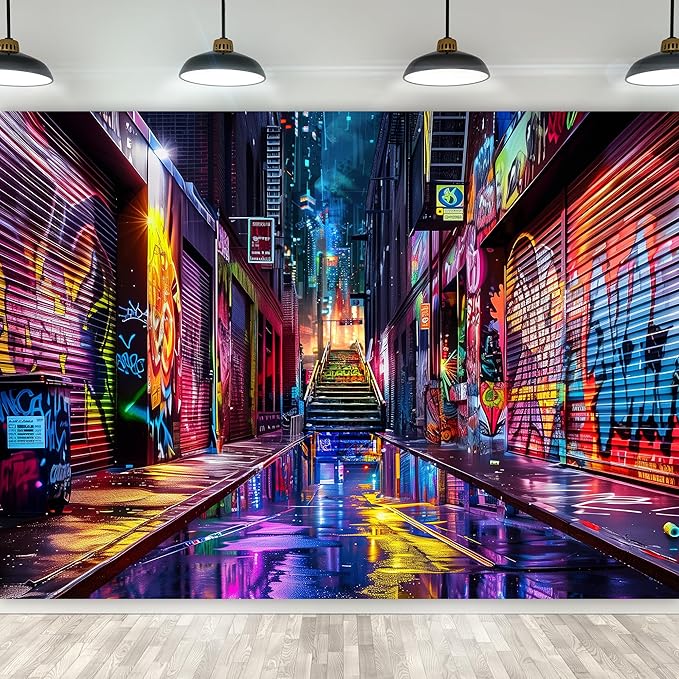 Imirell Graffiti Street Backdrop 8Wx6H Feet Retro 80s Neon Wall Hip Hop 90s Cool Funny Colorful Painting Polyester Fabric Modern Photography Backgrounds Photo Shoot Decor Props Decoration