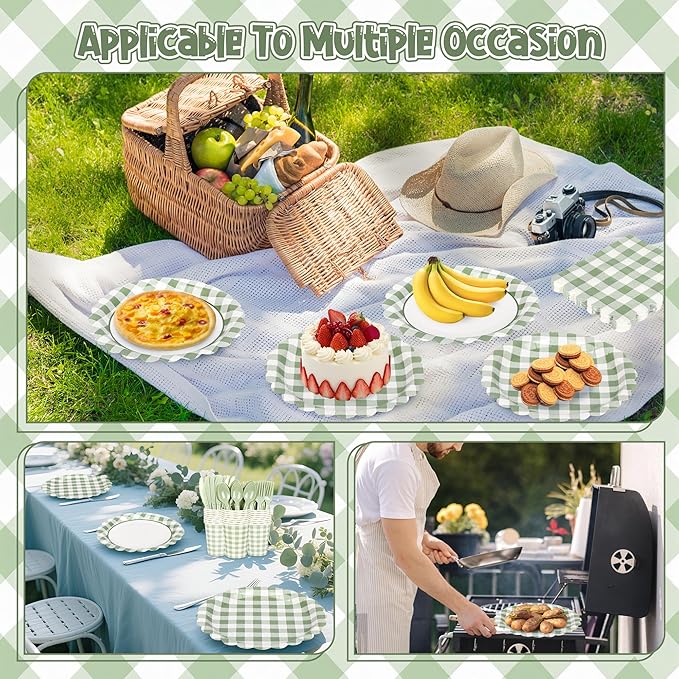 200 Pcs Sage Green Gingham Party Supplies Green and White Scalloped Paper Plates and Napkins Cups Disposable Gingham Checkered Plaid Dessert Plates Tableware Set for Baby Shower Wedding BBQ