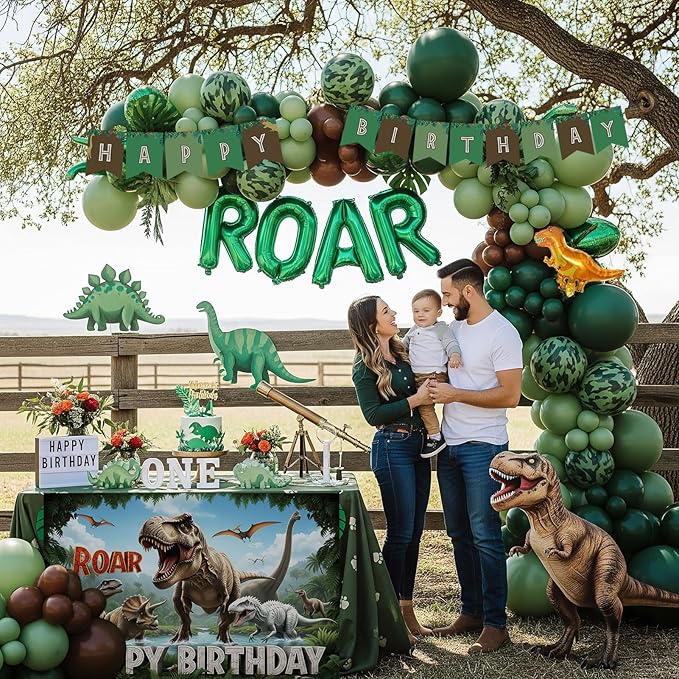 Dinosaur Birthday Party Decorations with Dinosaur backdrop Hunter Green brown balloon arch & Small dino Foil balloons & birthday Banners for Kids Jungle ROAR Three-REX Wild one theme Party Supplies
