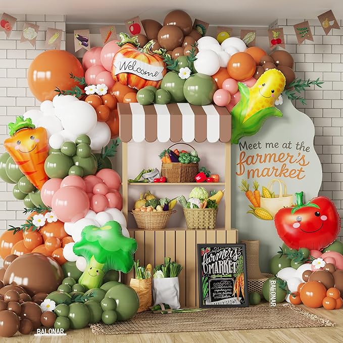 Farmer’s Market Balloon Arch Garland Kit 144PCS Dusty Sage Green Coffee Orange Latex Balloons with Vegetable Foil Balloons for Home Grown Baby Shower First Birthday Bridal shower Party Decor