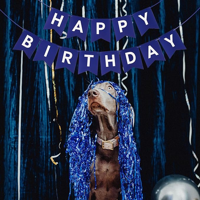 Blue Happy Birthday Banner - Navy Blue Hanging Backdrop Sign with White Letters, Happy Birthday Sign Bunting Decorations for Women men Kids Baby Shower Party Supplies (13pcs)
