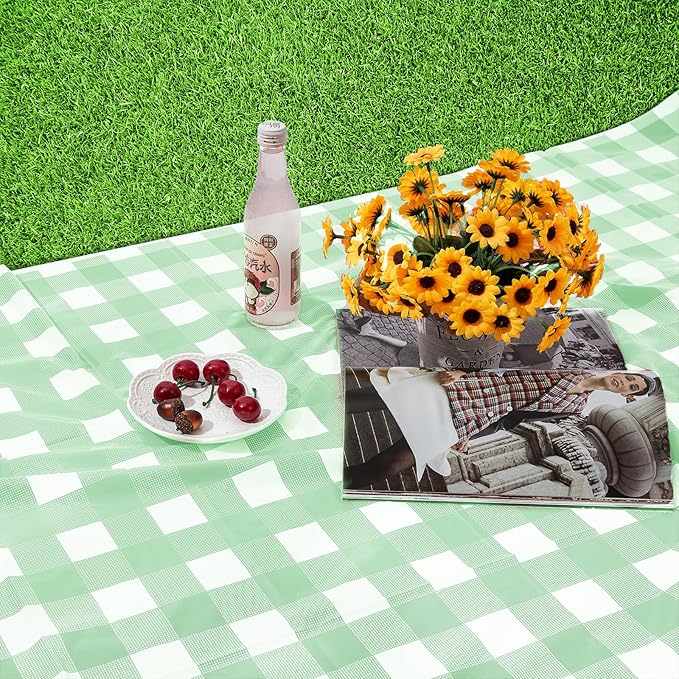 Kesfey 12 Packs Sage Green Gingham Tablecloth Sage Green and White Checkered Table Cloths 54 x 108 Inches Disposable Plastic Gingham Tablecovers Waterproof Picnic Camping Table Covers for Baby Shower