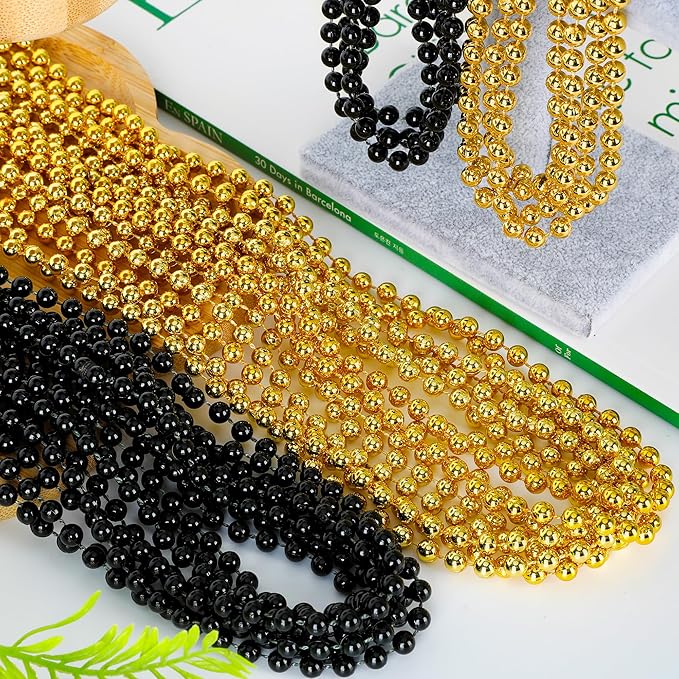 24PCS New Years Eve Bead Party Supplies, Black Gold Bead Necklace, 33" New Years Eve Beaded Necklaces, Festival Parade Throw Accessories for Halloween Trick or Treat Accessories