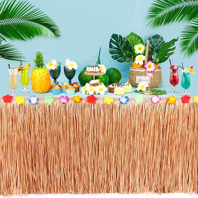 Luau Party Decorations, 1PCS Yellow Hawaiian Table Skirt Party Decorations, Flower 108 X 29.5" Grass Table Skirts Luau Party Favors, Luau Table Skirt for Summer Tropical Hula Parties Decor Accessories