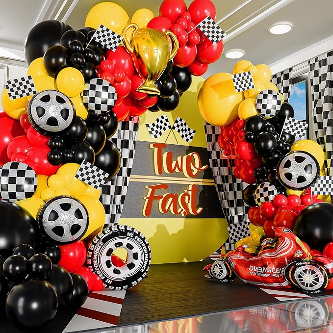 ALL-IN-1 Race Car Balloon Arch Kit & Garland with BONUS Trophy & Number 2 - Race Cars Balloons for Lightning McQueen Race Car Birthday Party Supplies & Boy Cars Theme Birthday Party Decorations