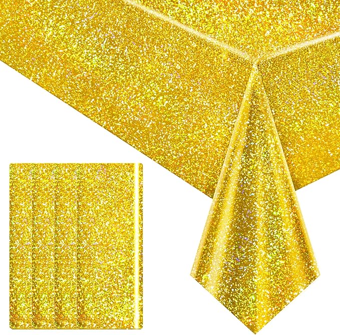 4 pcs Gold Holographic Party Tablecloths 40" x 108" Laser Shiny Table Cloths Plastic Glitter Foil Table Cover for Christmas Wedding Graduation Baby Shower 1920s Birthday Party Anniversary Supplies