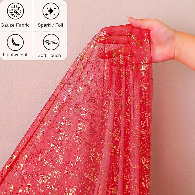 Snowkingdom Red Gold Table Runner Gauze 10FT Sparkly Sequin Glitter Sheer Chiffon Cheesecloth Runner 120 Inch Home Party Decorations for Wedding Anniversary Birthday Graduation Christmas Holiday