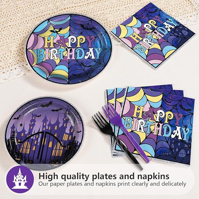 Grencian 96Pcs Purple and Black Birthday Party Decoration Gothic Spider Web Plates and Napkins Purple Black Theme Disposable Paper Tableware Set for Kids Boys Girls Birthday Party Supplies Serves 24