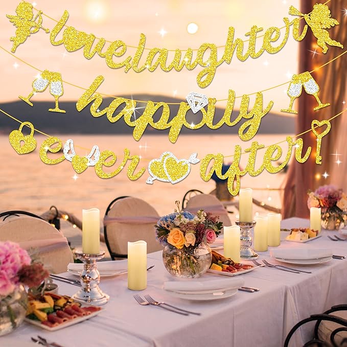 Pre-Strung Glitter Wedding Banner with Heart Garland, Wedding Shower Decorations for Bachelorette Bridal Shower Just Married Engagement Party