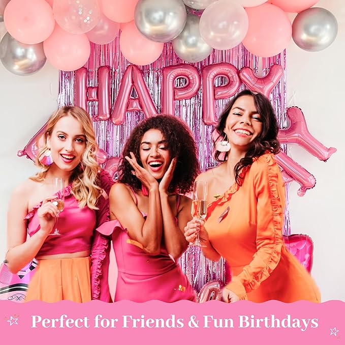 Vidal Crafts Pink Birthday Decorations – 71-Piece Happy Birthday Decorations with Latex, Foil & Confetti Balloons, Happy Birthday Banner & Foil Fringe Curtains for Fun Birthday Parties