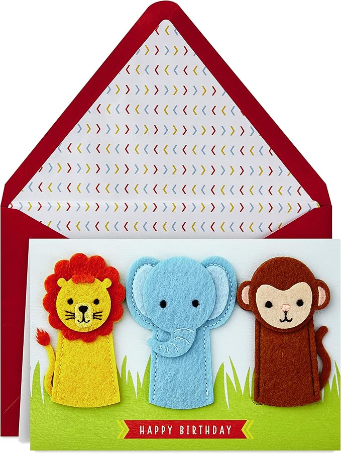 Hallmark Signature Birthday Card with Removable Finger Puppets for Kids (Jungle Animals)